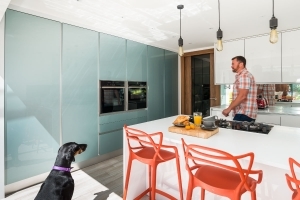 Bespoke luxury stylish kitchen, frame less glass box extension, Jacuzzi, moss wall